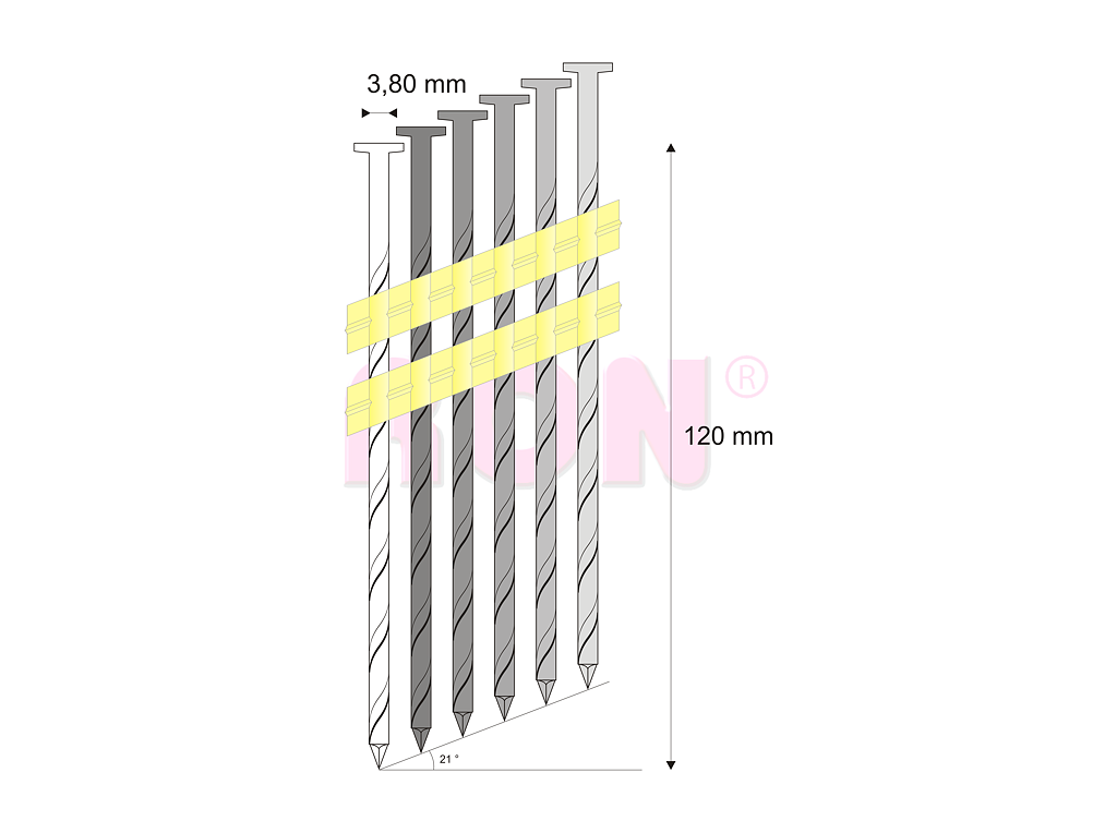 Hřebíky RB kroucené pásek, plast 21° 3,80 x 120 mm - 2 400 ks