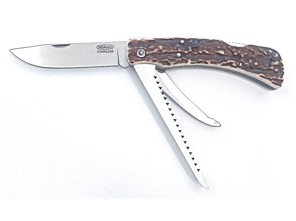 Lovecký zavírací nůž HUBERT 3dílný s pilkou a páráčkem - střenka paroh 245-XP-3