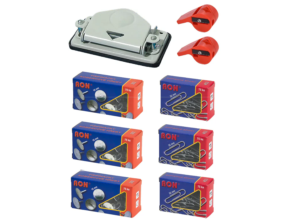 Akční set Mikov - děrovač, připínáčky, spony